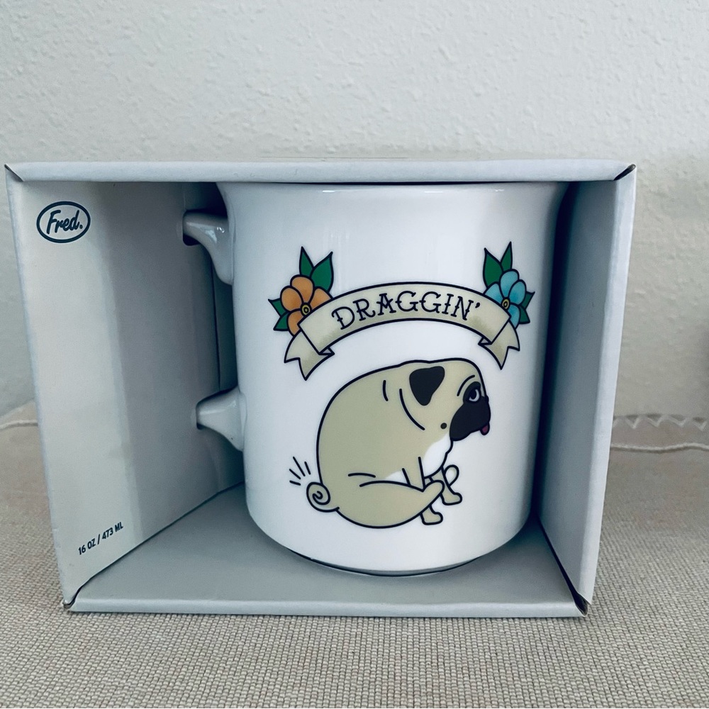 Genuine Fred Coffee Mug Draggin Pug Dog Ceramic Cup 16 oz